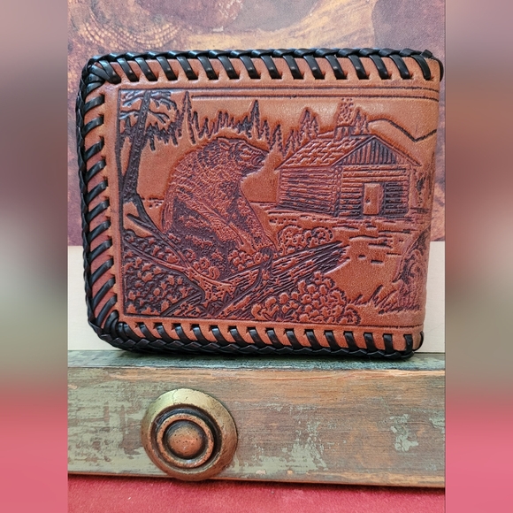 Vintage Gene Autry real brown leather wallet - bear cottage scenery - Picture 3 of 6